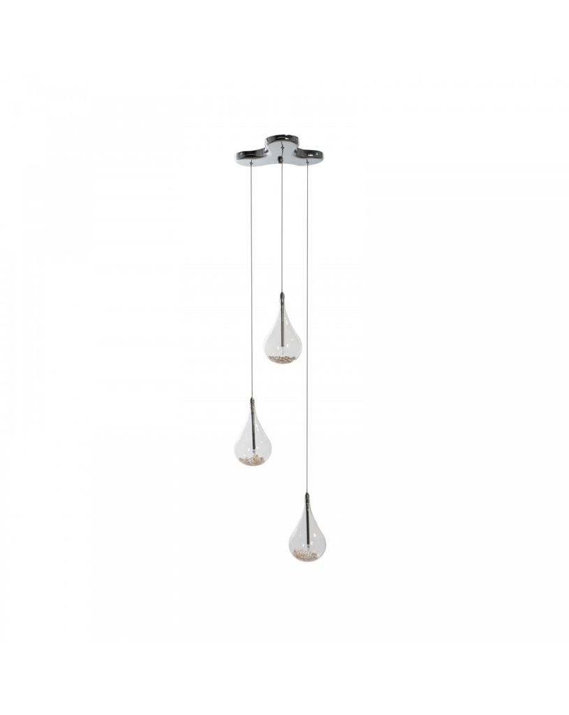 Lampada a sospensione in vetro e cristallo rosa, con cavo e rosone in acciaio grigio cromo, 33cm x 33cm x 133cm