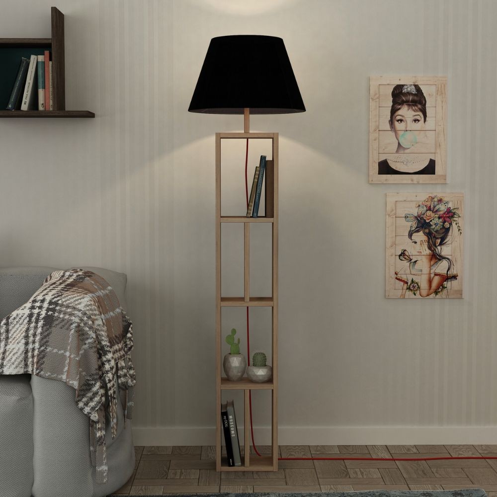 Lampada da Terra con Libreria Rovere e Parlume Nero 23,5x15x163,5 cm