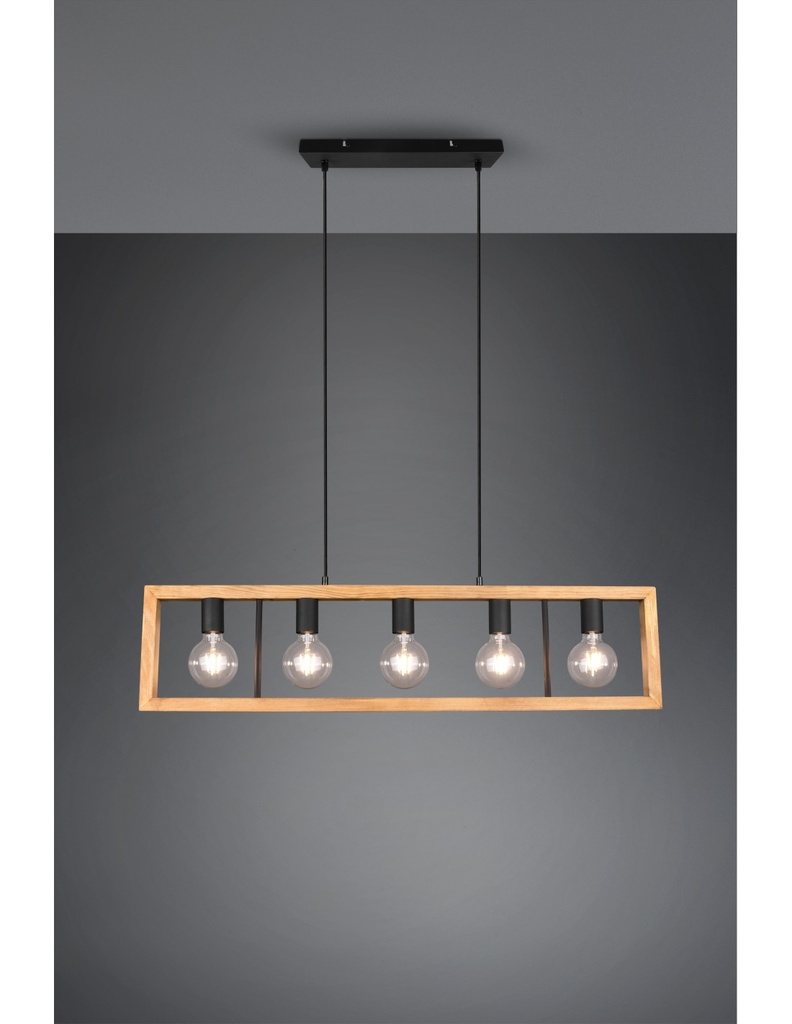 Lampadario Rettangolare in Legno Naturale e Nero con 5 Luci