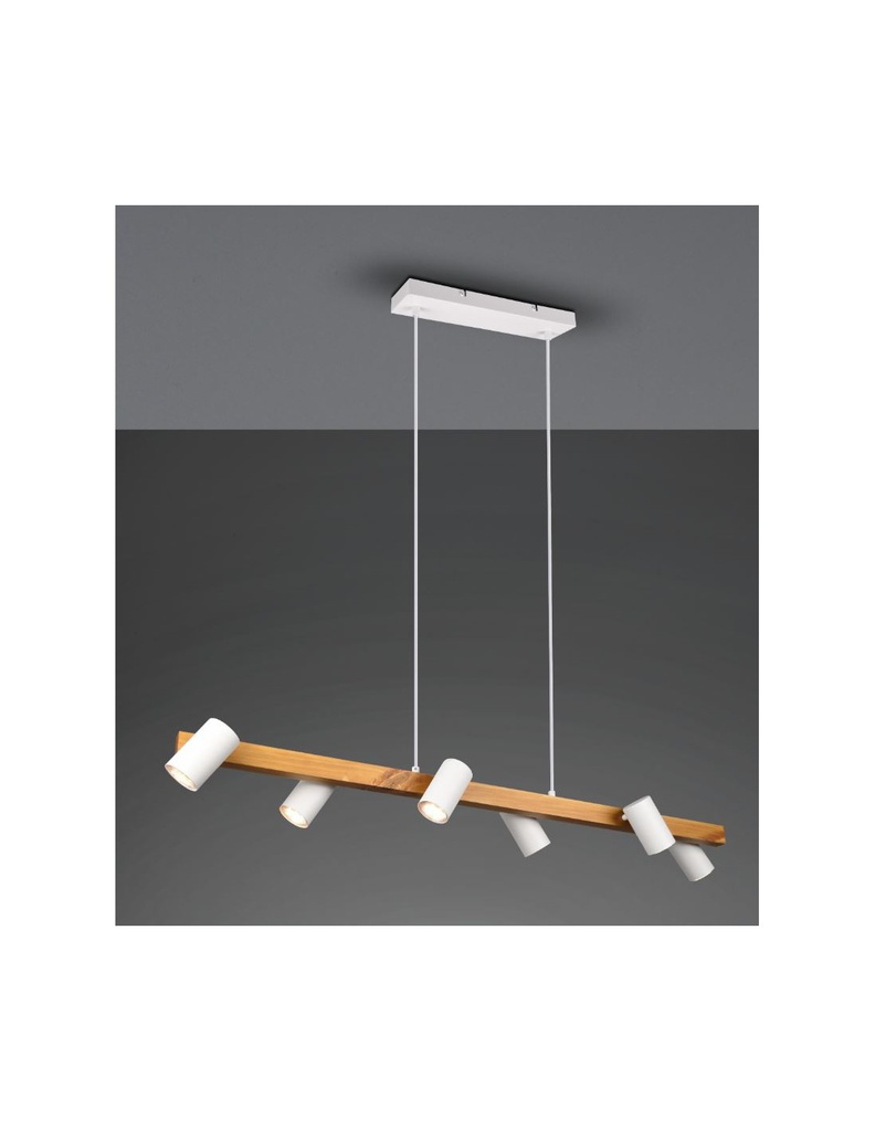 Lampadario Sospensione Legno 6 Spot Bianco Cilindrici Orientabili