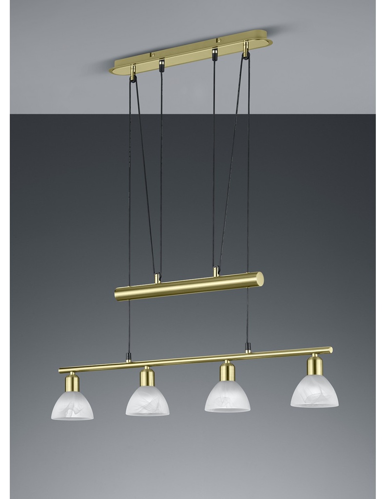 Lampadario Sospensione Ottone 4 Paralume Vetro Levisto