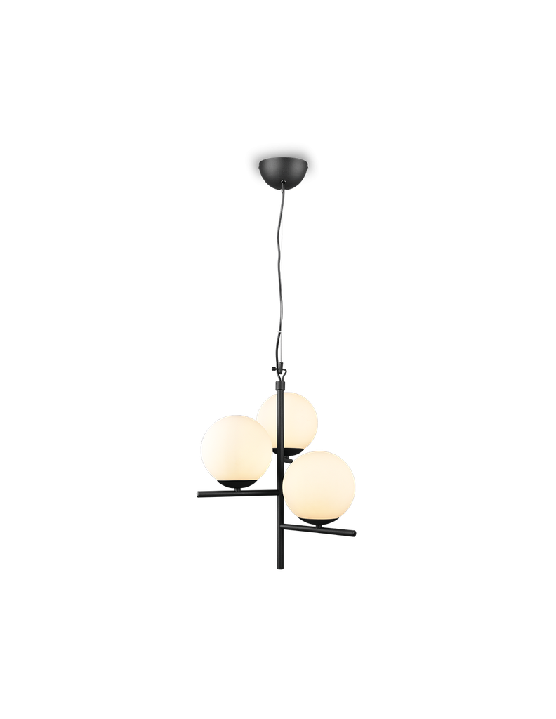 Lampadario Sospensione Nero 3 Sfere Vetro Bianco