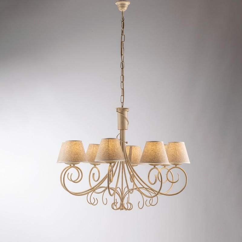 Lampadario Vienna ferro Avorio Oro otto luci paralumi effetto tessuto 78x h63 cm