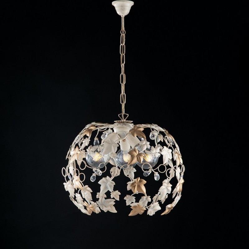 Lampadario a sospensione ferro Avorio Oro e strass tre luci 50x h45 cm edera