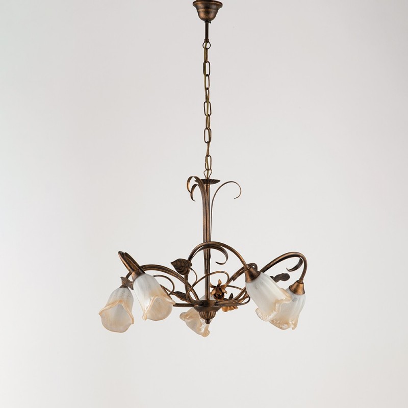 Lampadario a sospensione in ferro Marrone Oro foglie cinque luci 60x h47 cm