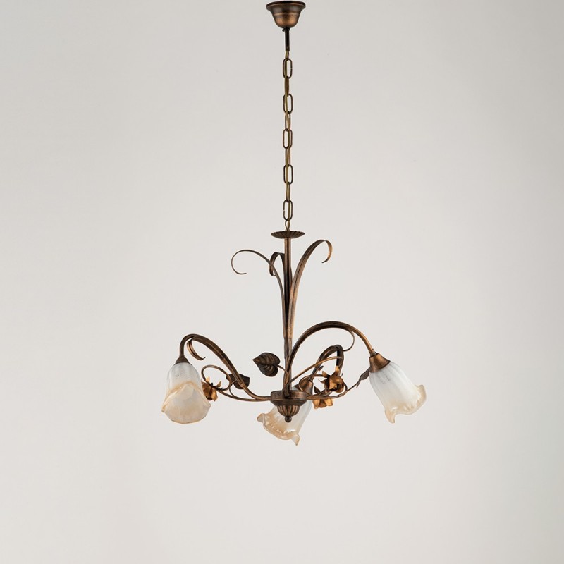 Lampadario a sospensione in ferro Marrone Oro foglie tre luci 54x h43 cm