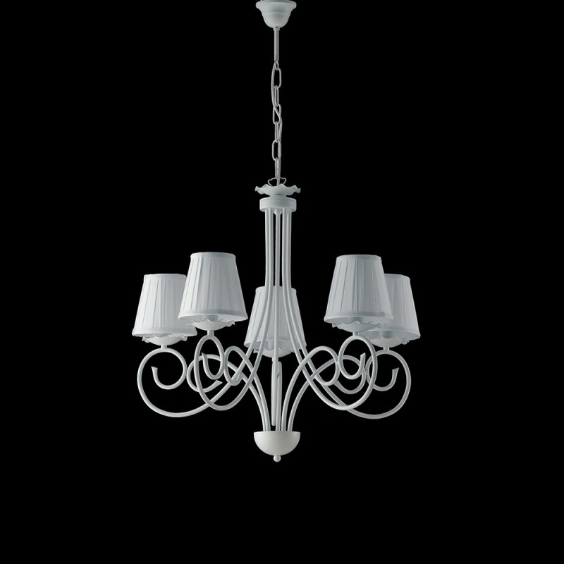 Lampadario a sospensione in ferro shabby paralumi Bianchi cinque luci 57x h60 cm
