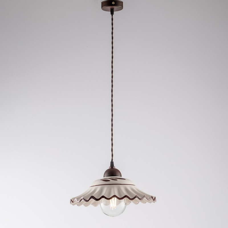 Lampadario cavo tessuto Nero Ruggine paralume in ceramica Bianca 30x h14 cm