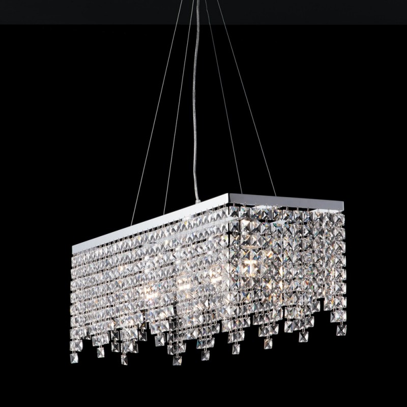 Lampadario chic e ferro Cromato quattro luci strass quadrati 71x30x h28 cm