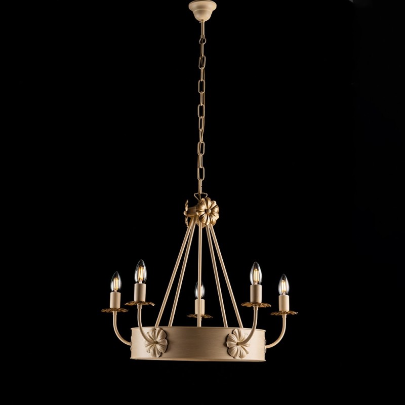 Lampadario ferro Avorio Decape rifinitura Oro impero cinque luci 59x h52 cm