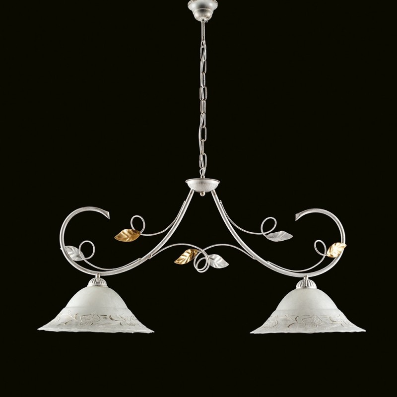 Lampadario  ferro Bianco Oro due luci paralumi in vetro Bianco 94x h49 cm