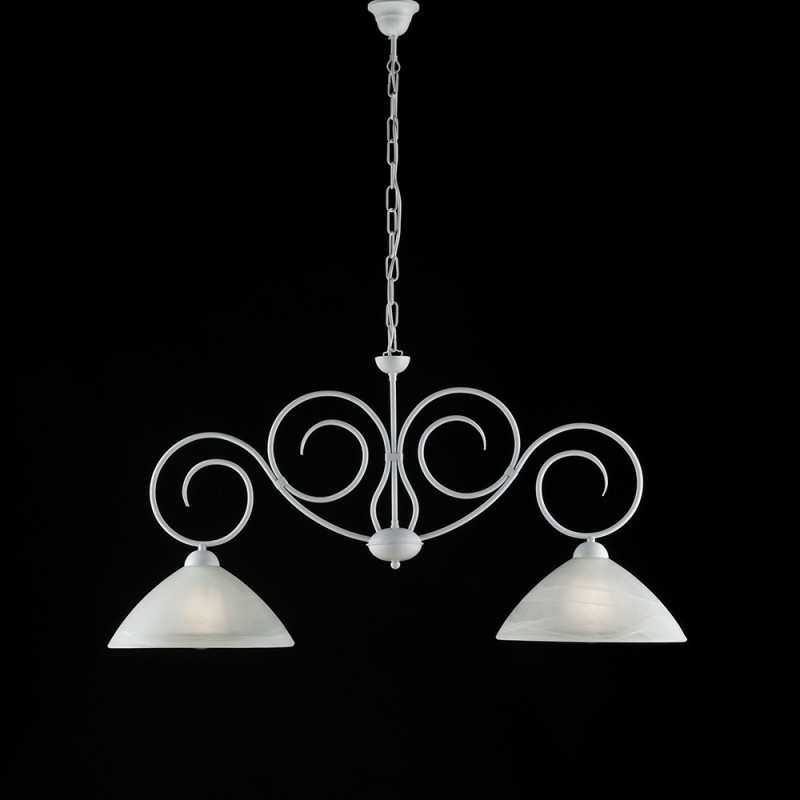 Lampadario ferro Bianco Shabby due luci paralumi in vetro Bianco 99x h52 cm