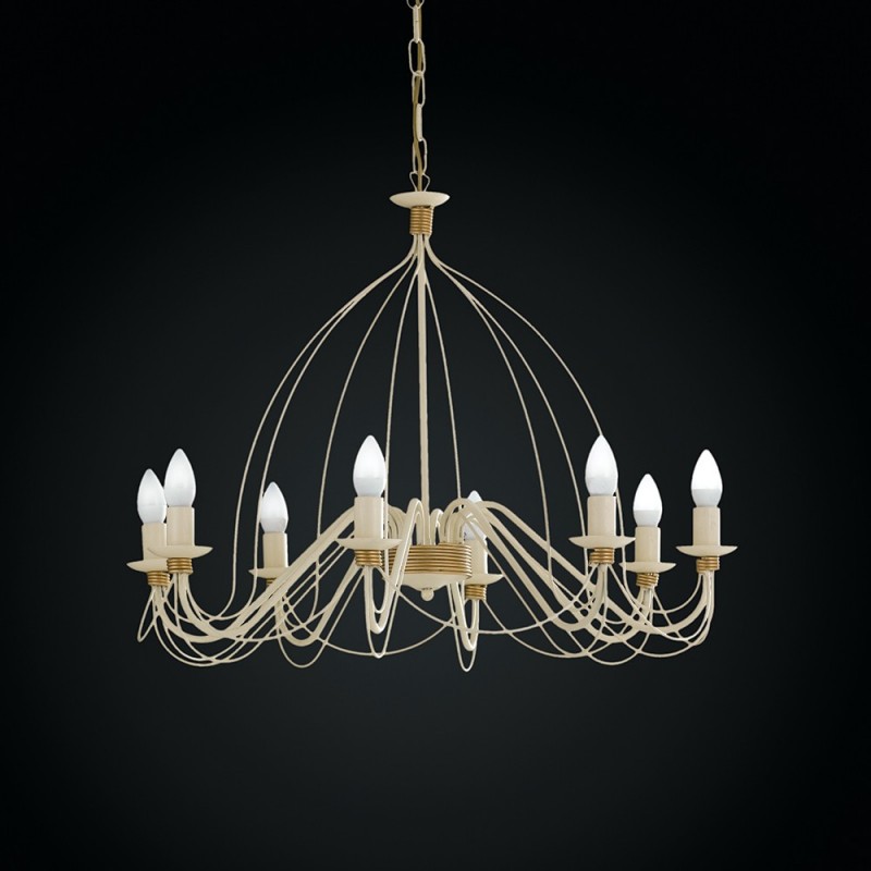 Lampadario in ferro Avorio Decape rifinitura Oro otto luci 75x h49 cm
