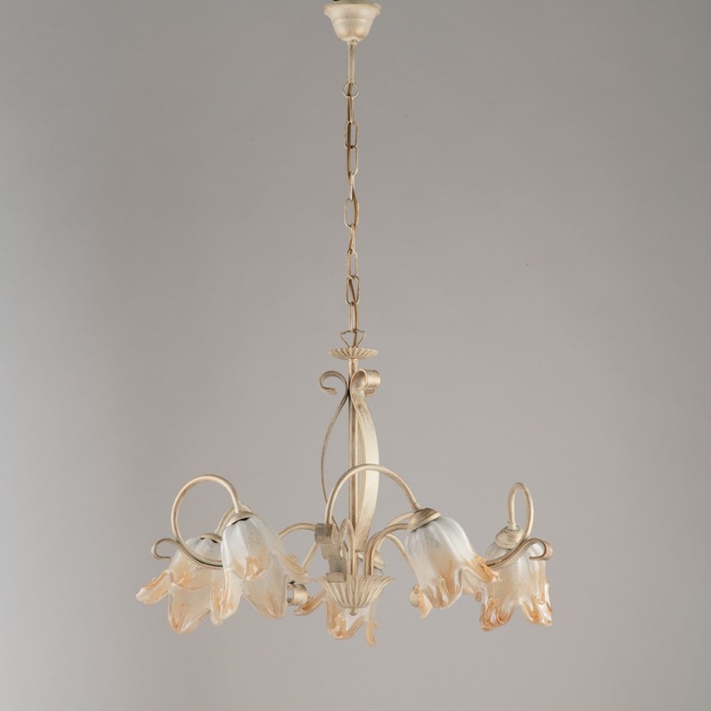 Lampadario in ferro Avorio Oro cinque luci paralumi in vetro Bianco Ambra 64x h45 cm