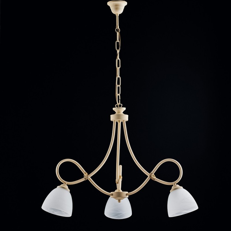 Lampadario in ferro Avorio decape tre luci paralumi in vetro  bianchi 58x h52 cm
