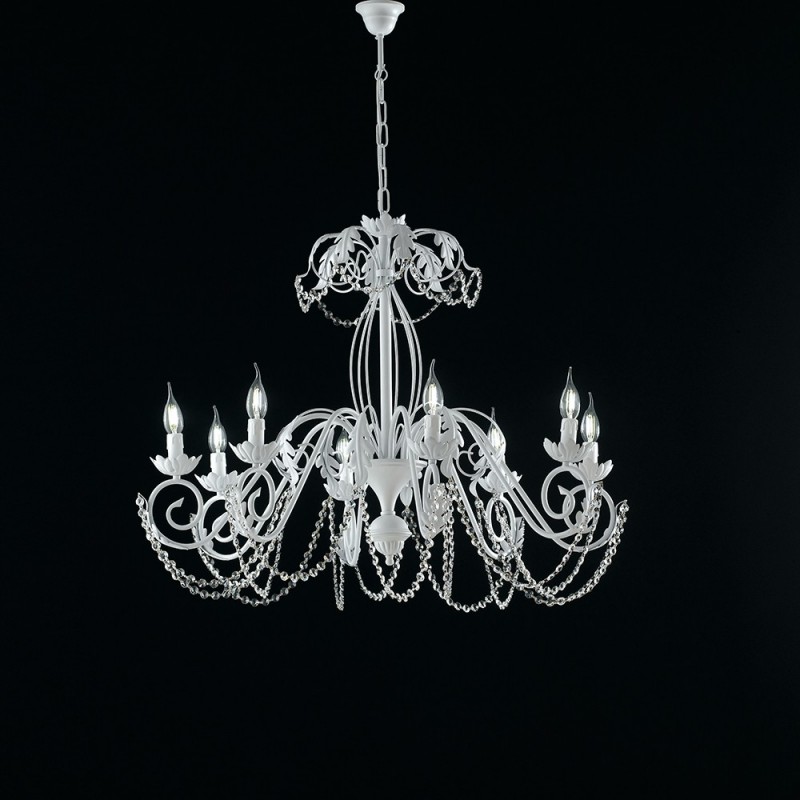 Lampadario in ferro Bianco Shabby strass damasco otto luci 90x h70 cm