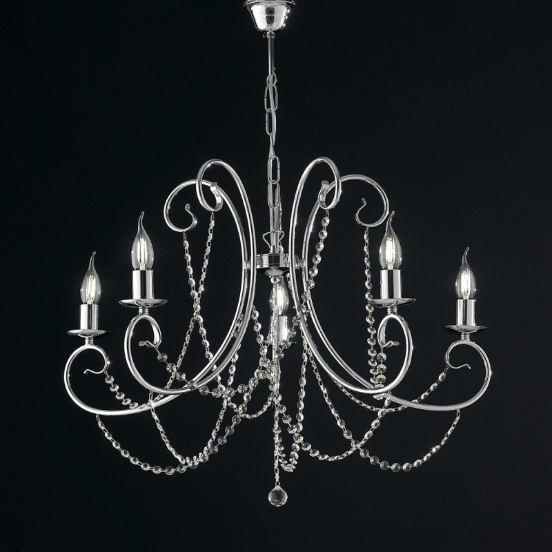 Lampadario in ferro Cromato cinque luci con strass 68x h55 cm