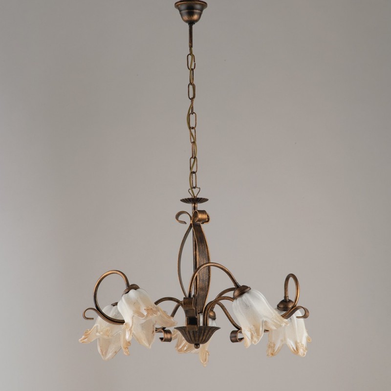 Lampadario in ferro Marrone Oro cinque luci paralumi in vetro Bianco Ambra 64x h45 cm