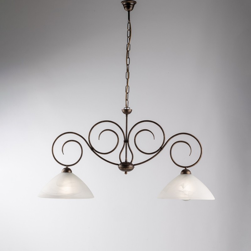 Lampadario in ferro Marrone Oro due luci paralumi in vetro Alabastro Bianco 99x h52 cm