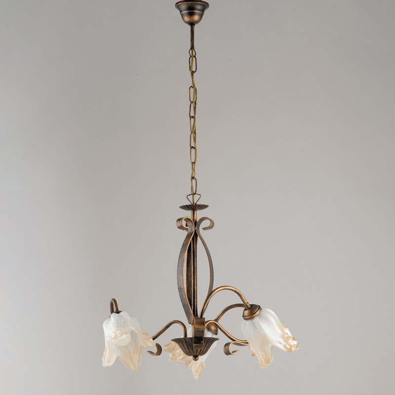 Lampadario in ferro Marrone Oro tre luci paralumi in vetro Bianco Ambra 51x h43 cm
