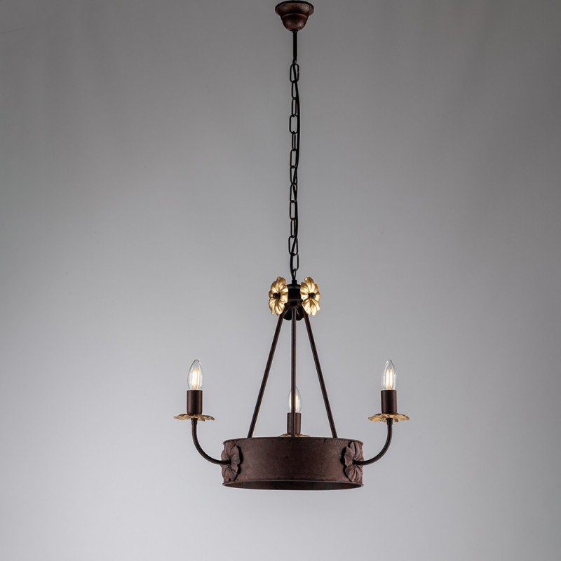 Lampadario in ferro Nero Ruggine rifinitura Oro impero tre luci 44x h48 cm