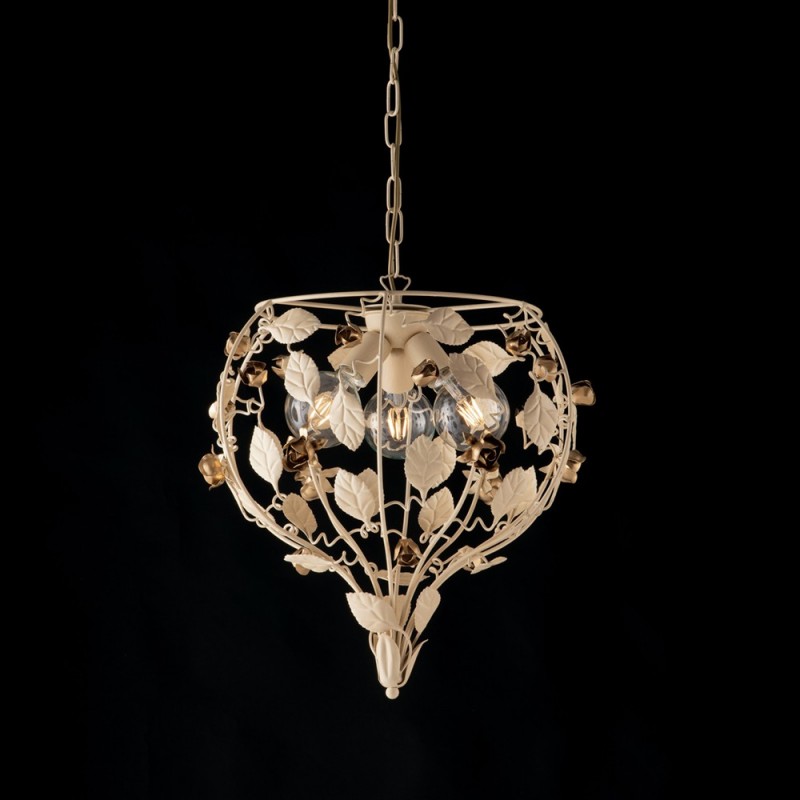 Lampadario in ferro laccato avorio con decorazione decape 3 luci