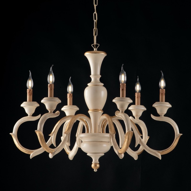 Lampadario in legno Avorio e Foglia Oro sei luci 91x h65 cm