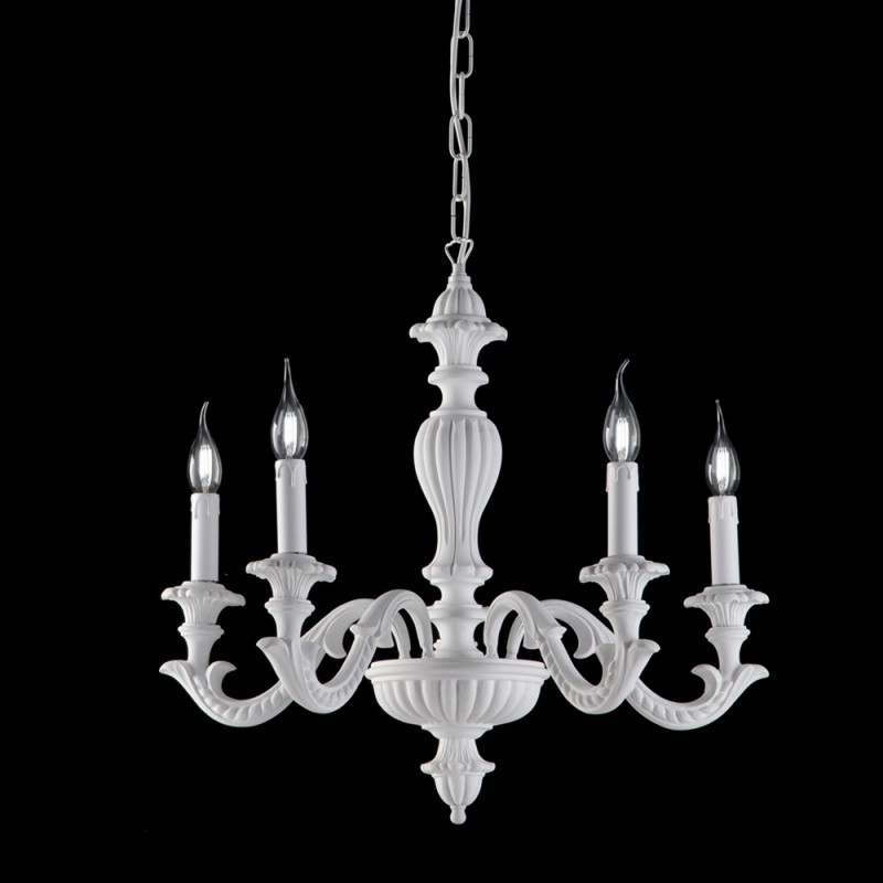 Lampadario in legno e pasta di legno bianco shabby 5 luci