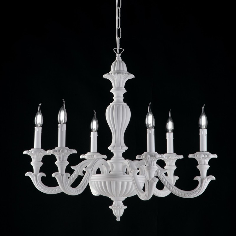 Lampadario in legno e pasta di legno bianco shabby 6 luci