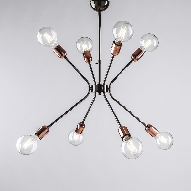 Lampadario moderno ferro Nero rifiniture Rame otto luci 65x h67 cm urban