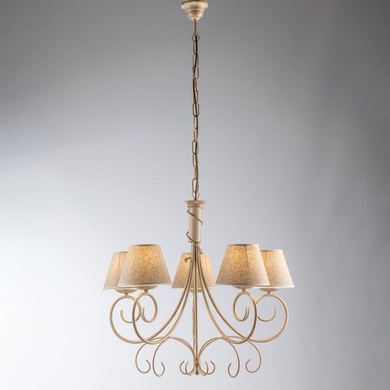 Lampadario vienna ferro Avorio Oro cinque luci paralumi  tessuto 60x h58 cm