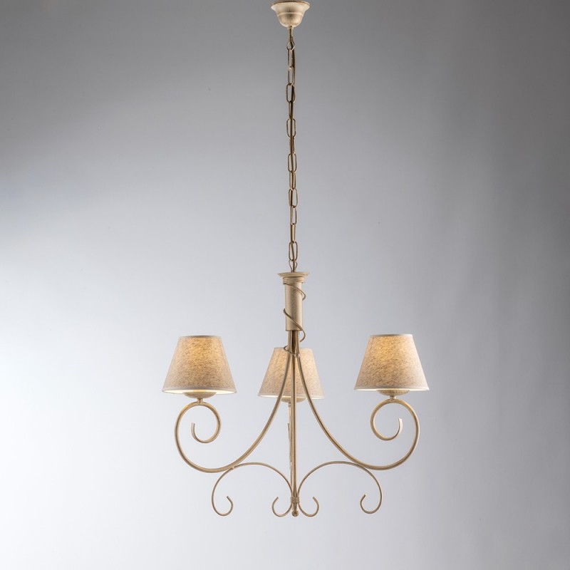 Lampadario vienna ferro Avorio Oro tre luci paralumi effetto tessuto 52x h58 cm