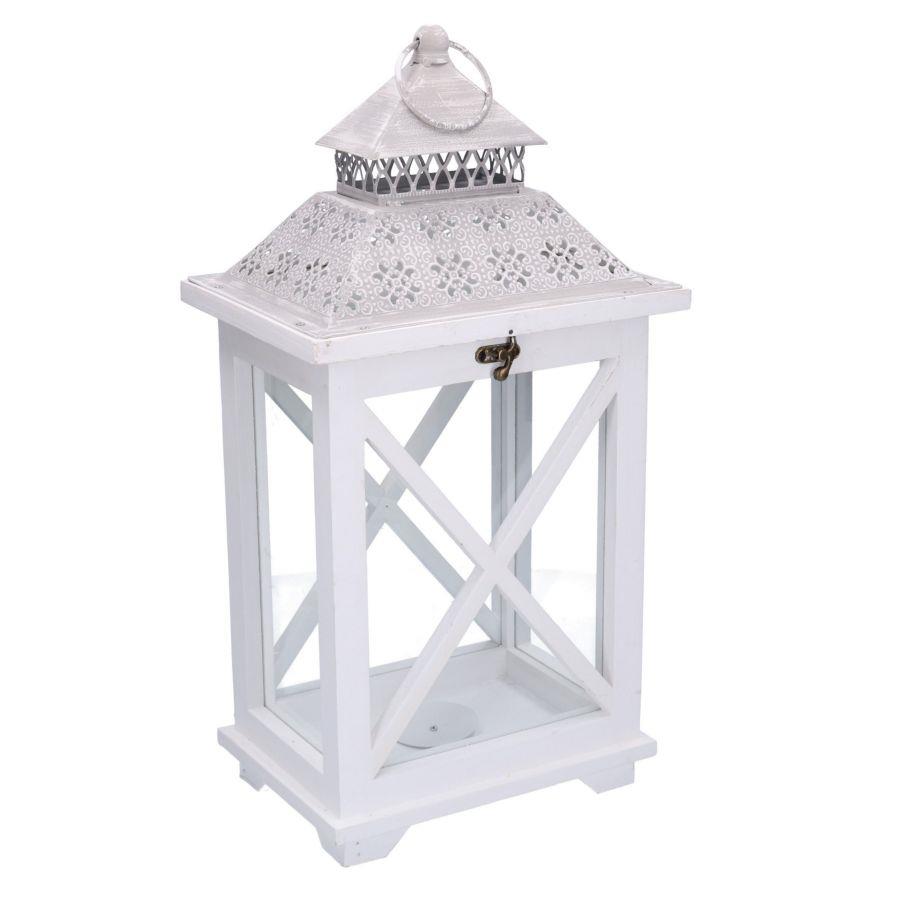 Lanterna in legno e metallo bianco rettangolare 23x17h45 cm