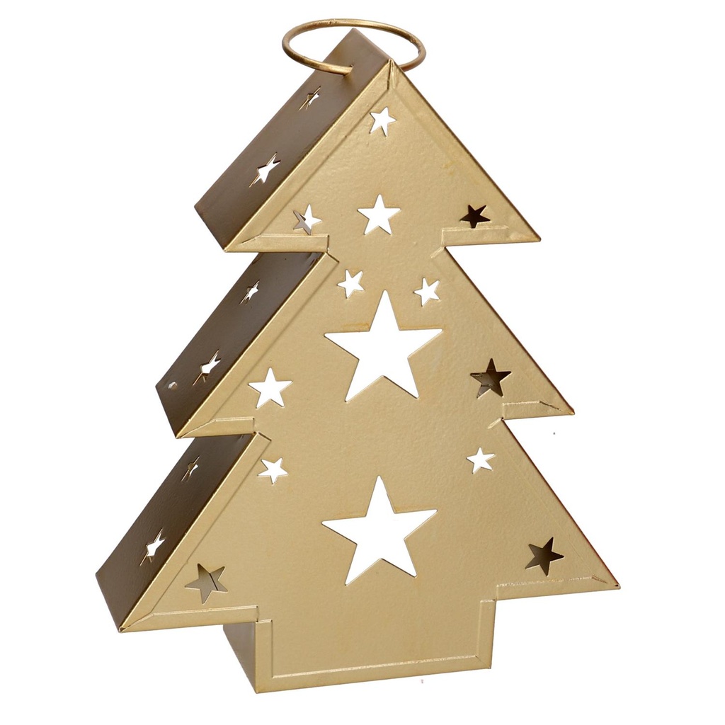 Lanterna in metallo oro con forma di albero, dimensioni 27x7,5x32,5 cm