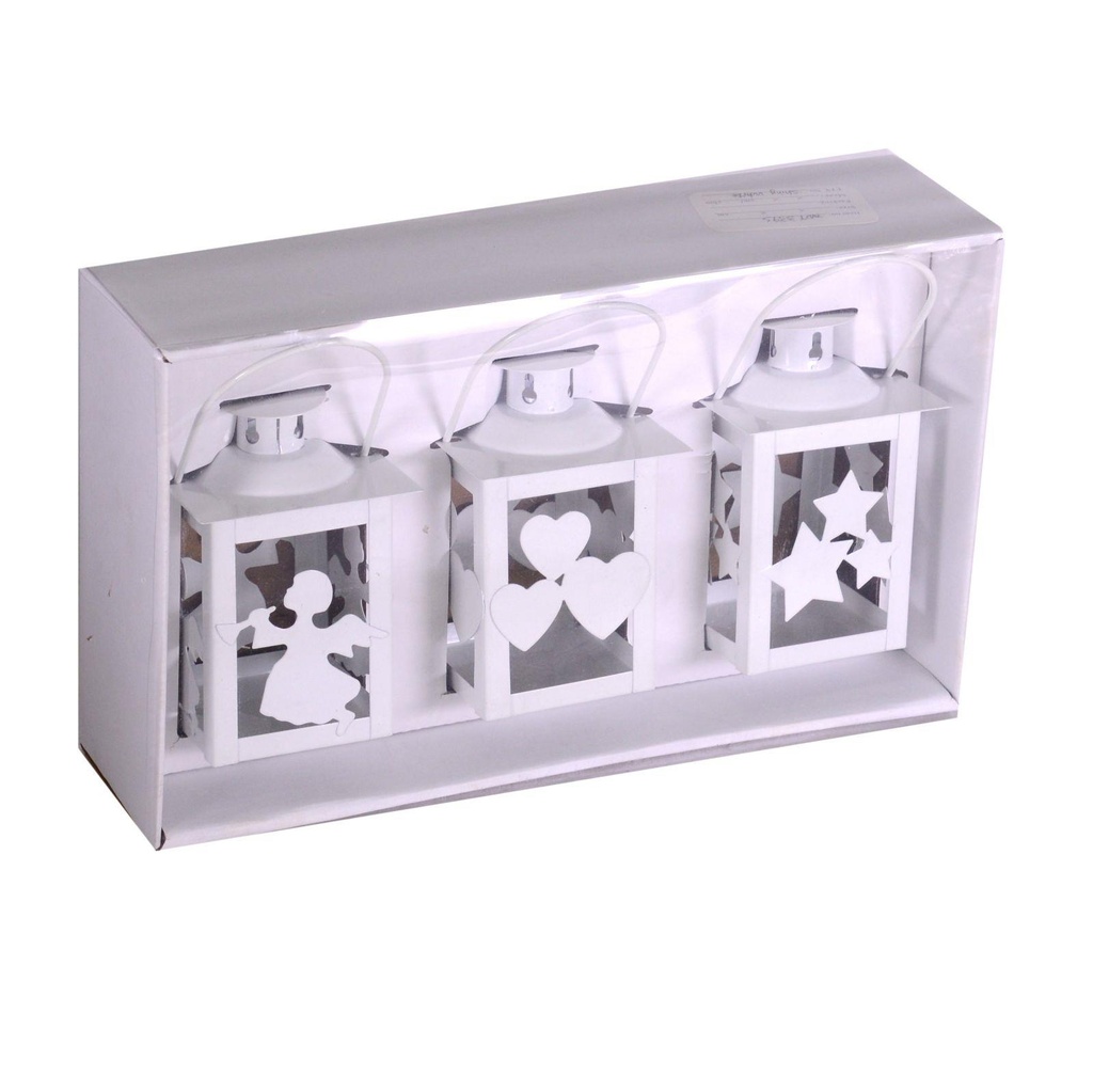 Lanterna Natalizia in Metallo Bianco, Confezione da 3 Pezzi, Dimensioni Quadrate 7,5x7,5x11 cm