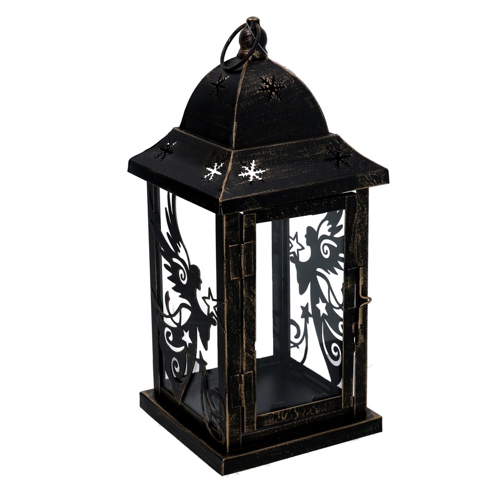 Lanterna in metallo nero e oro, forma quadrata, dimensioni 14x14x33 cm