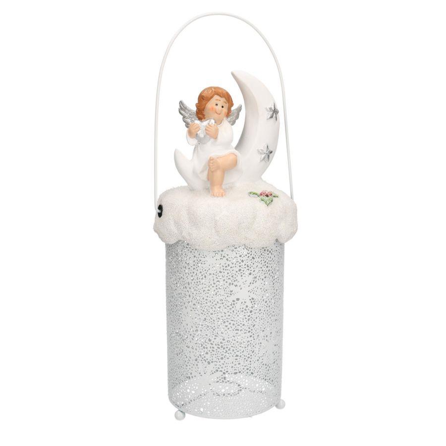 Lanterna in Metallo e Resina Bianca con Angelo - 14x37 cm