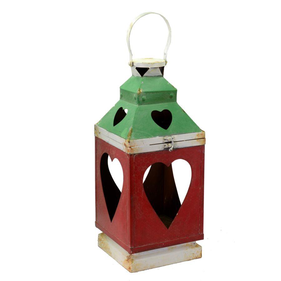 Lanterna Metallo Rosso Verde Bianco Cuore Quadro 20x20x50 cm