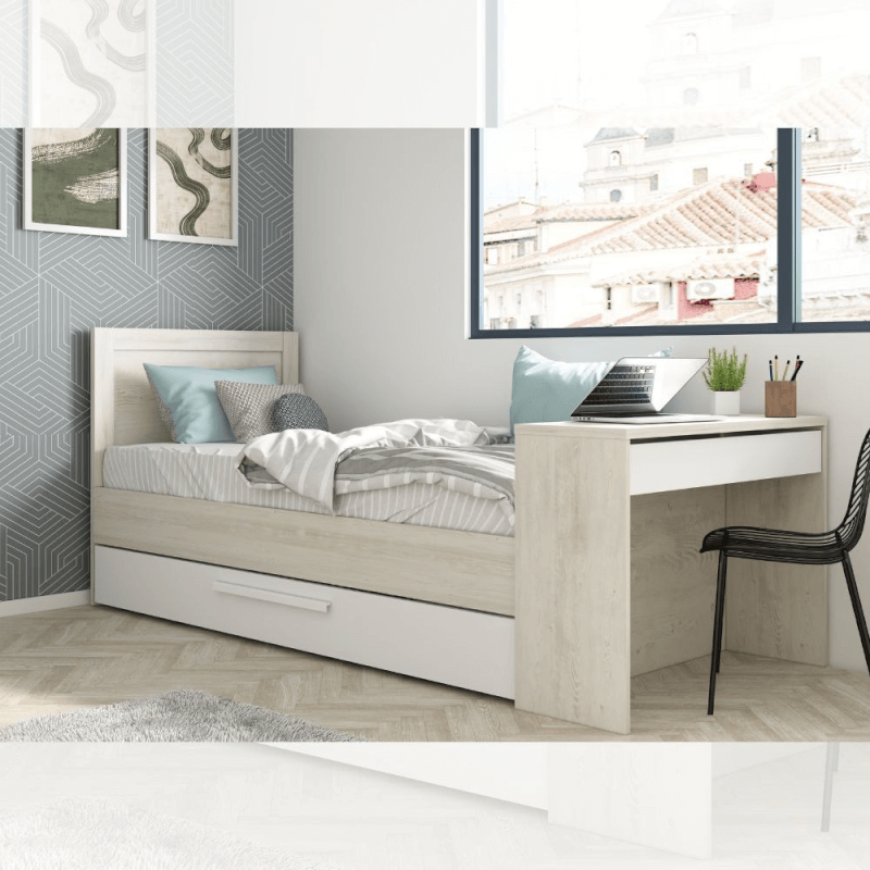 Letto 1950 con scrivania integrata e letto estraibile bianco vintage e bianco