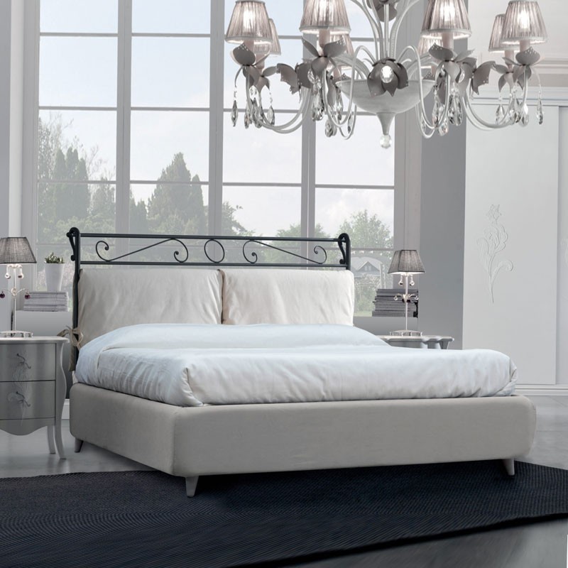 Letto in ferro matrimoniale con giroletto in ecopelle Bianco LEONARDO 170x218x h118 cm