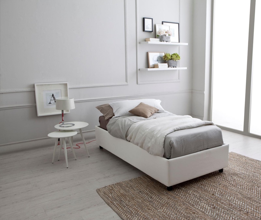 Letto singolo in legno e similpelle bianco, 98x205x26