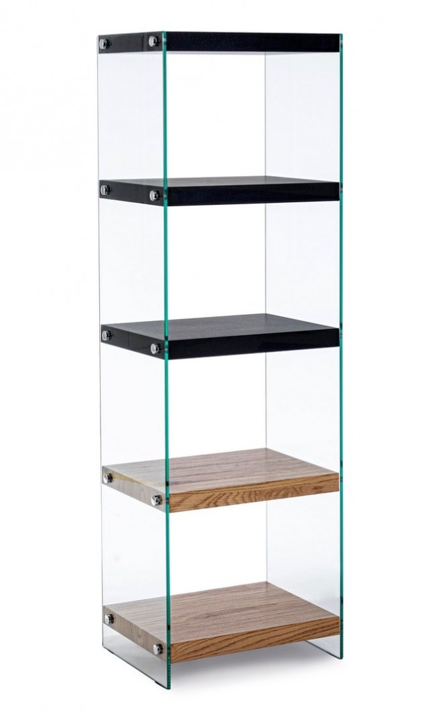 Libreria 5P Line Wood Nero - Mensole in Mdf Rivestite in Carta Melaminica Effetto Legno - Fianchi in Vetro Temperato Spessore 12mm - Da Assemblare - 40a x 30b x 131h