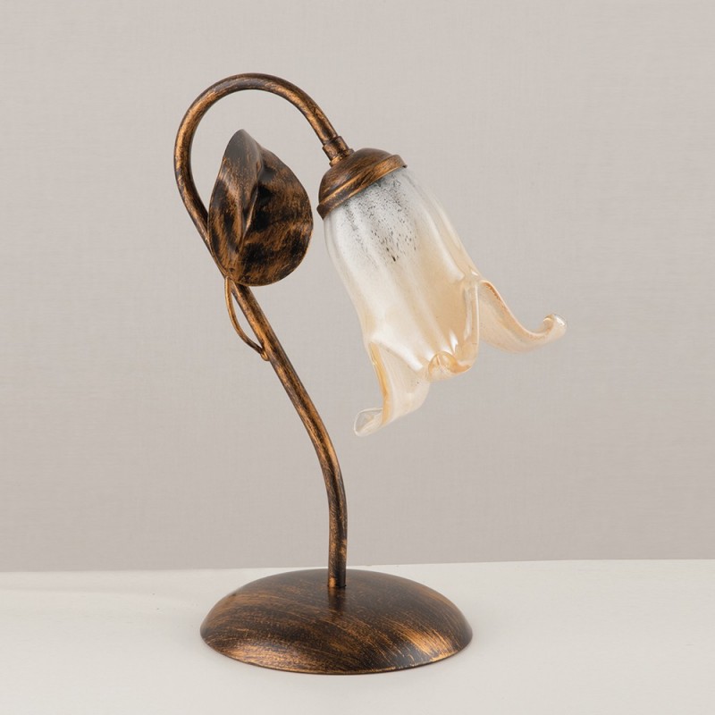Lumetto in ferro Marrone Oro Vetro Bianco Ambra una luce 22x h30 cm