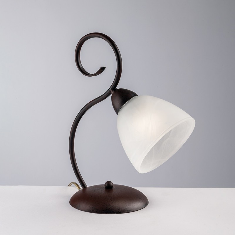 Lumetto in ferro Nero Ruggine paralume in vetro Alabastro Bianco una luce 26x h32 cm