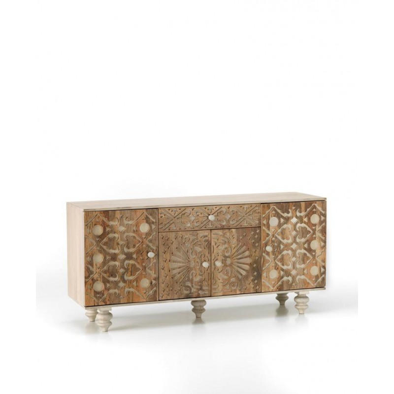 Madia con 4 ante, 1 cassetto e 5 ripiani interni in legno di mango marrone - 47x160x75 cm