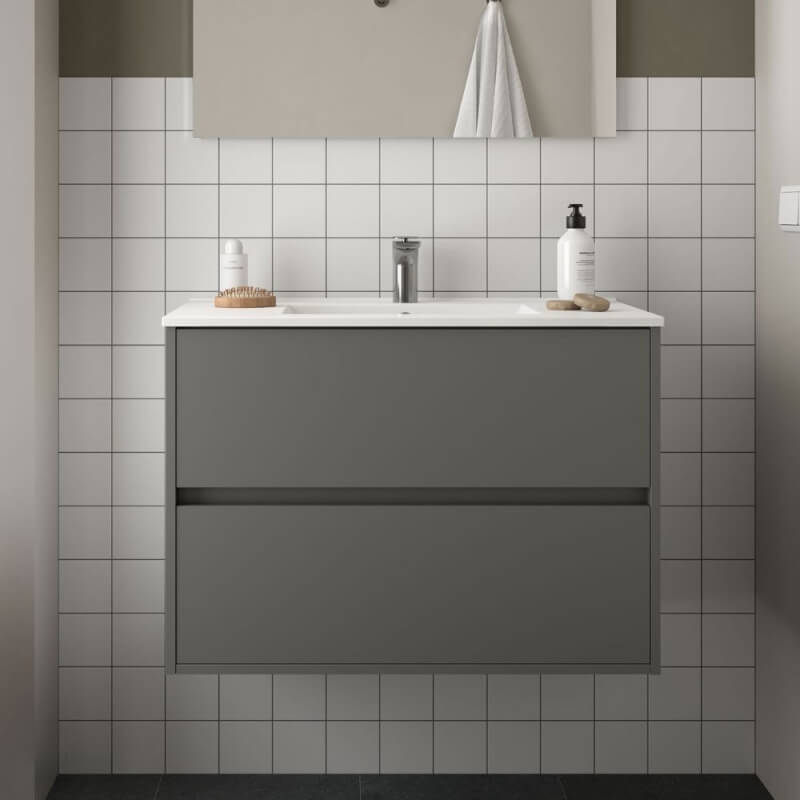 Mobile bagno sospeso Claros80 grigio opaco con lavabo 2 cassetti 80x45x56h