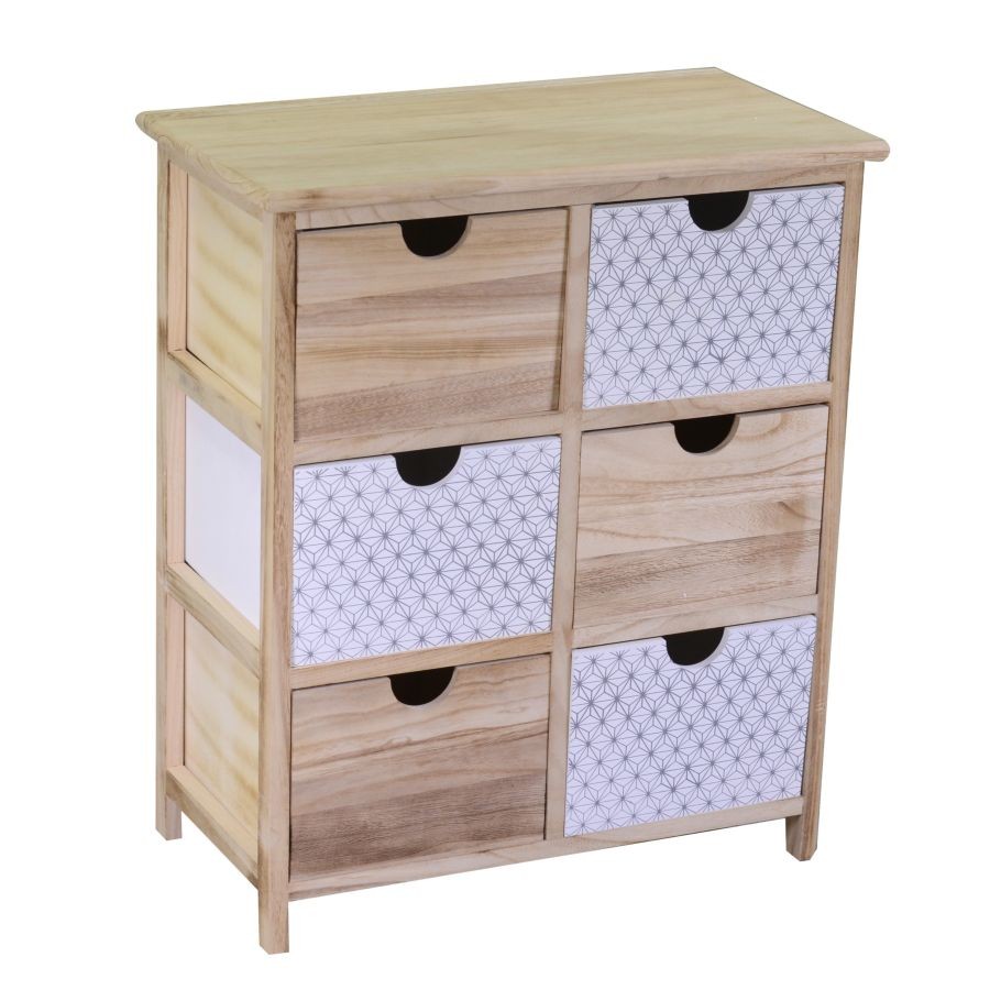 Mobiletto Cassettiera Legno Grezzo Naturale 6 Cassetti Rettangolare 29x54x64 cm