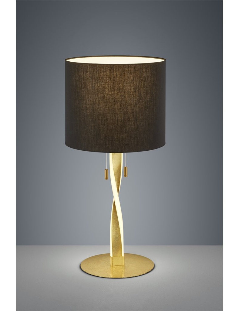 Lampada da tavolo con paralume nero e asta elicoidale illuminata led foglia oro h.62cm