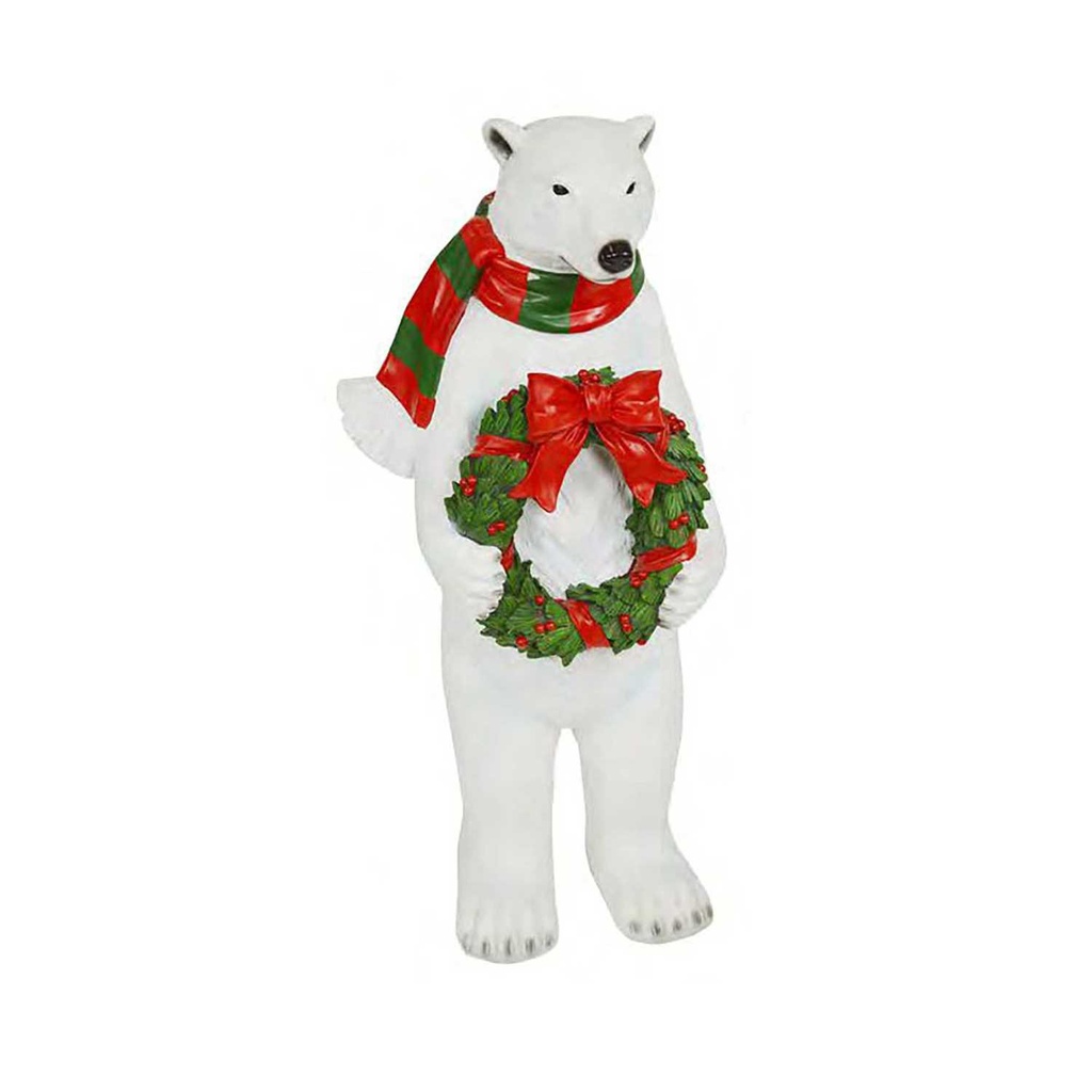 Orso in Resina con Ghirlanda Bianco 23x21x95,5 cm