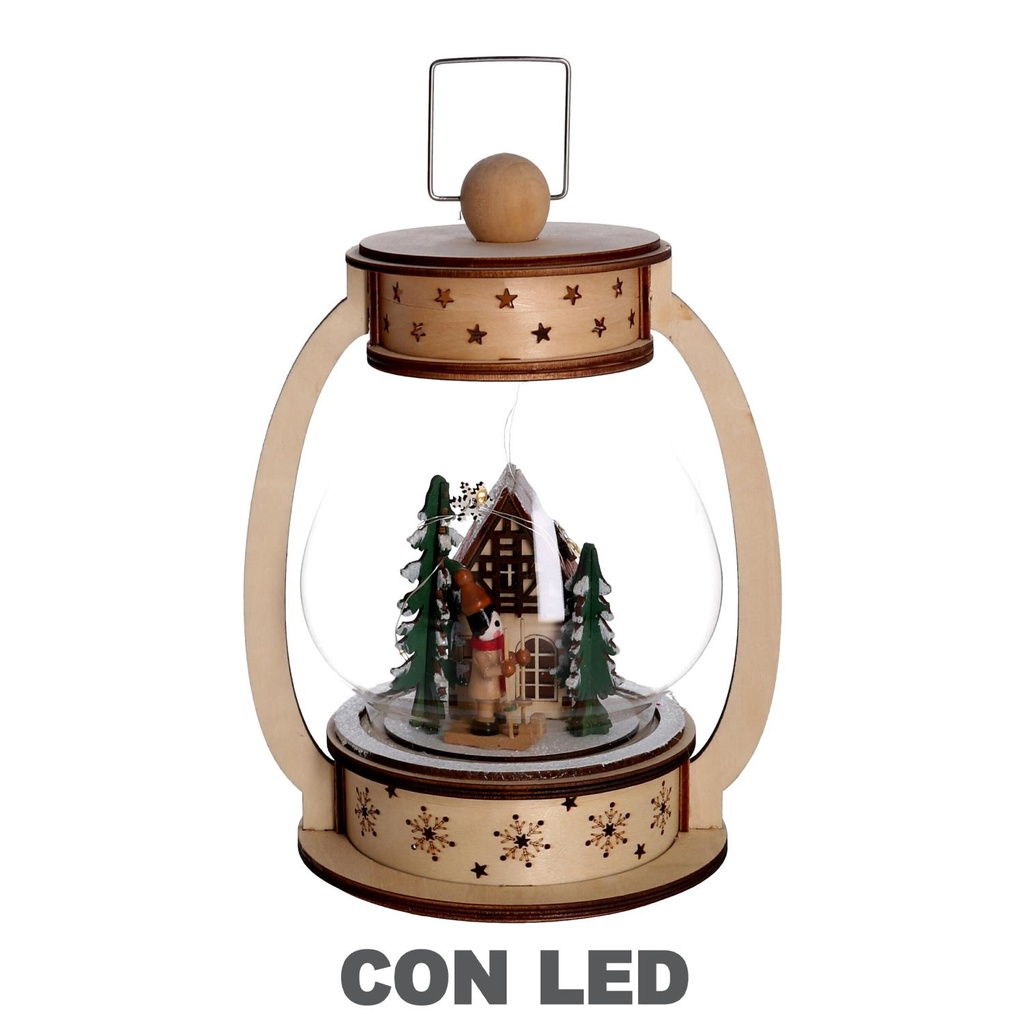 Lanterna in legno con palla di vetro LED naturale 17x13x23,5 cm